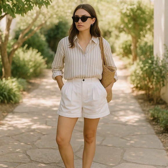Vintage Eaton High Waisted White Pleated Shorts - Picture 1 of 11